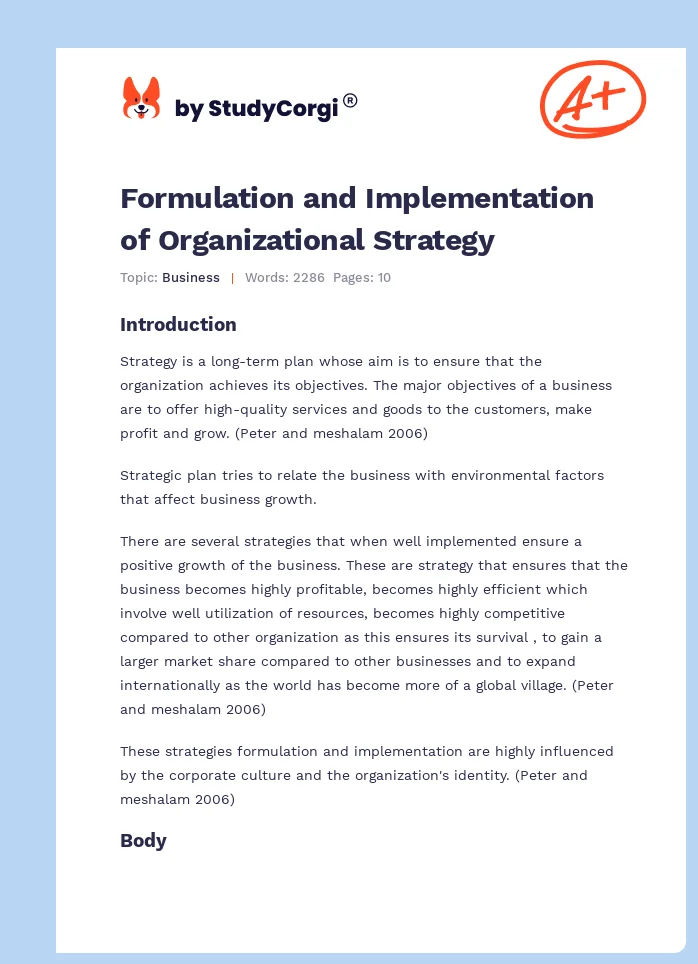 Formulation and Implementation of Organizational Strategy. Page 1