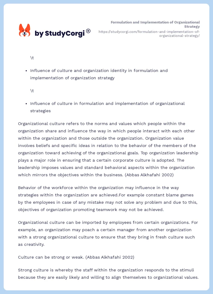 Formulation and Implementation of Organizational Strategy. Page 2