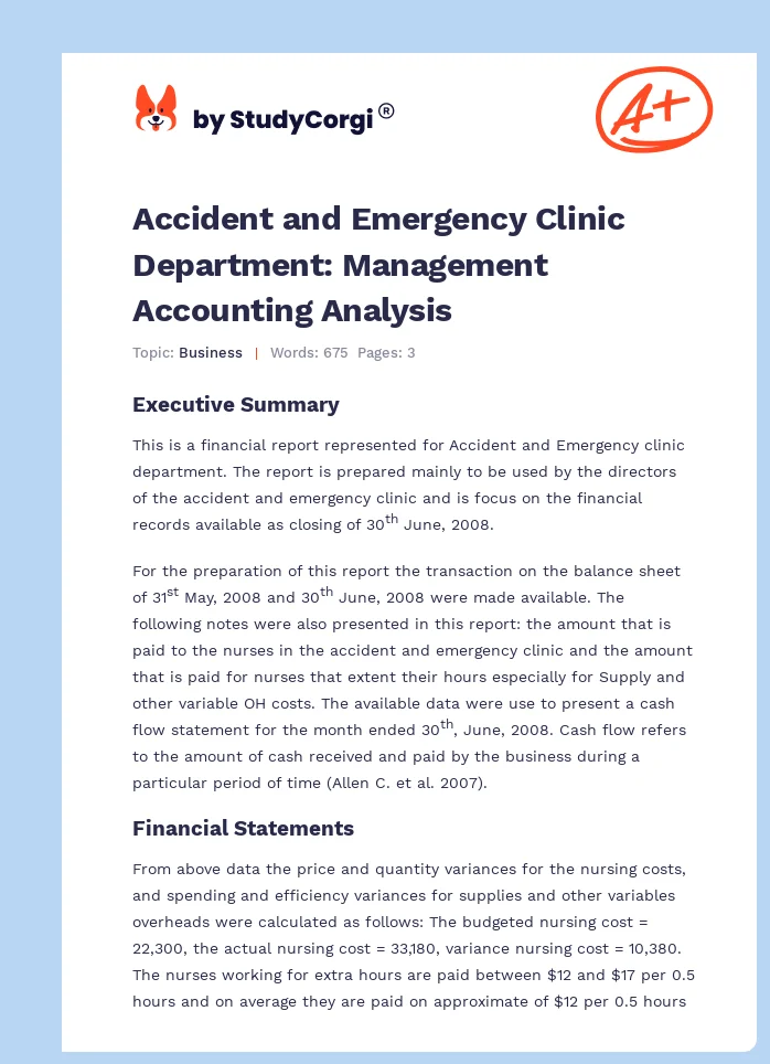 Accident and Emergency Clinic Department: Management Accounting Analysis. Page 1