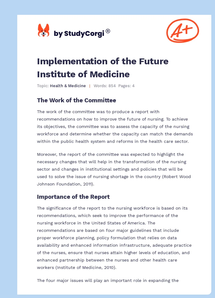 Implementation of the Future Institute of Medicine. Page 1