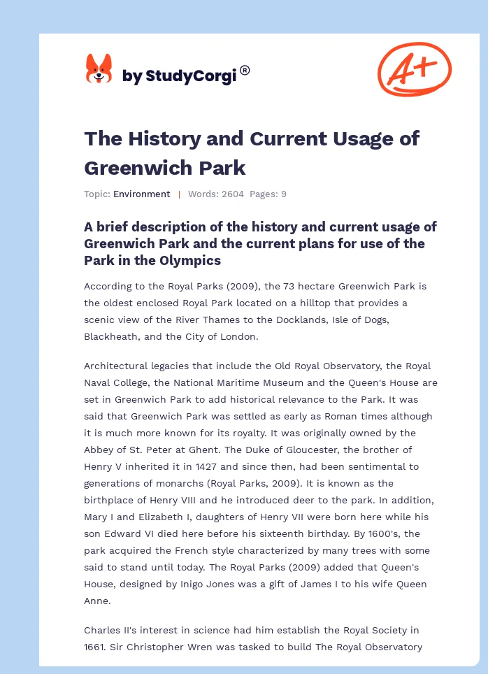 The History and Current Usage of Greenwich Park. Page 1