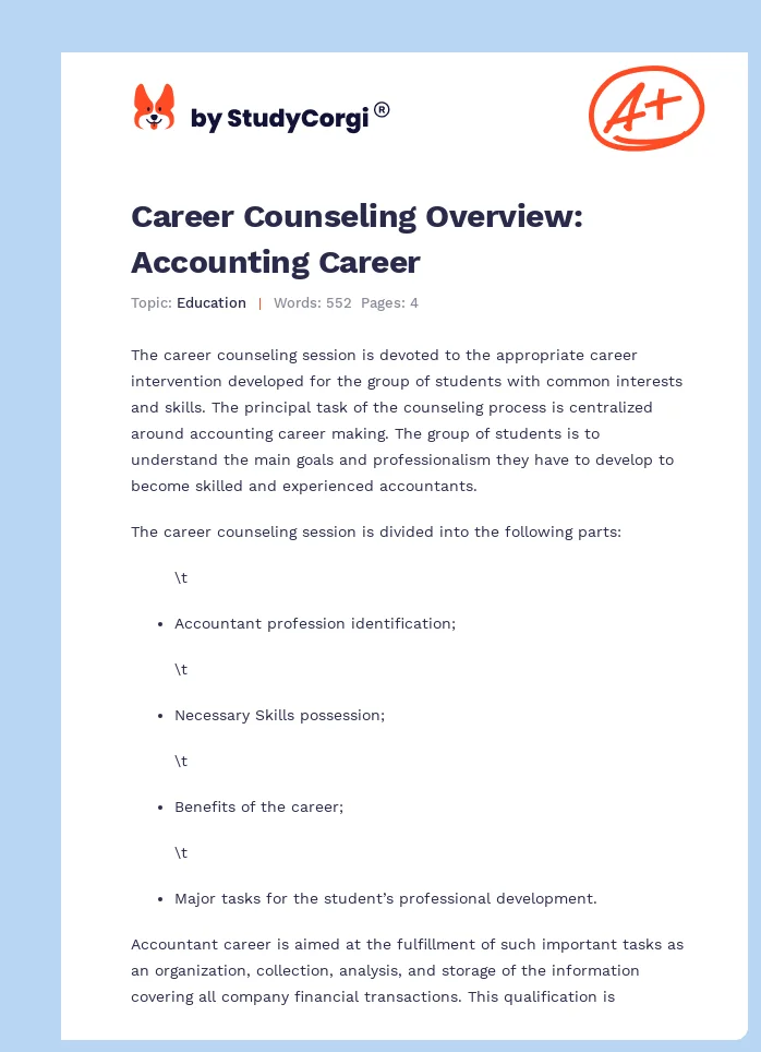 Career Counseling Overview: Accounting Career. Page 1