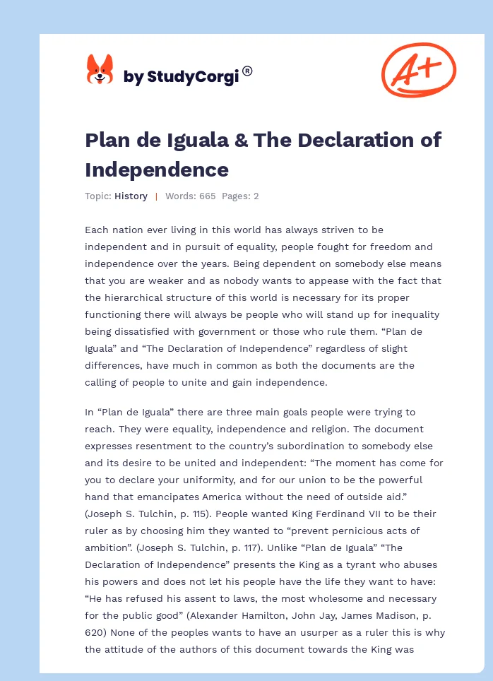 Plan de Iguala & The Declaration of Independence. Page 1