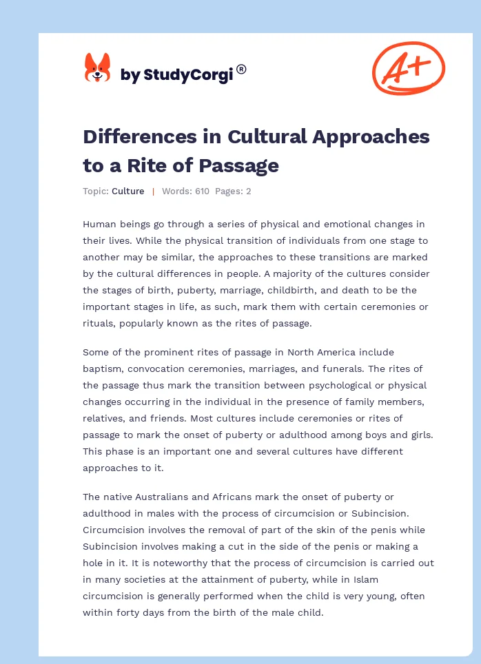 Differences in Cultural Approaches to a Rite of Passage. Page 1