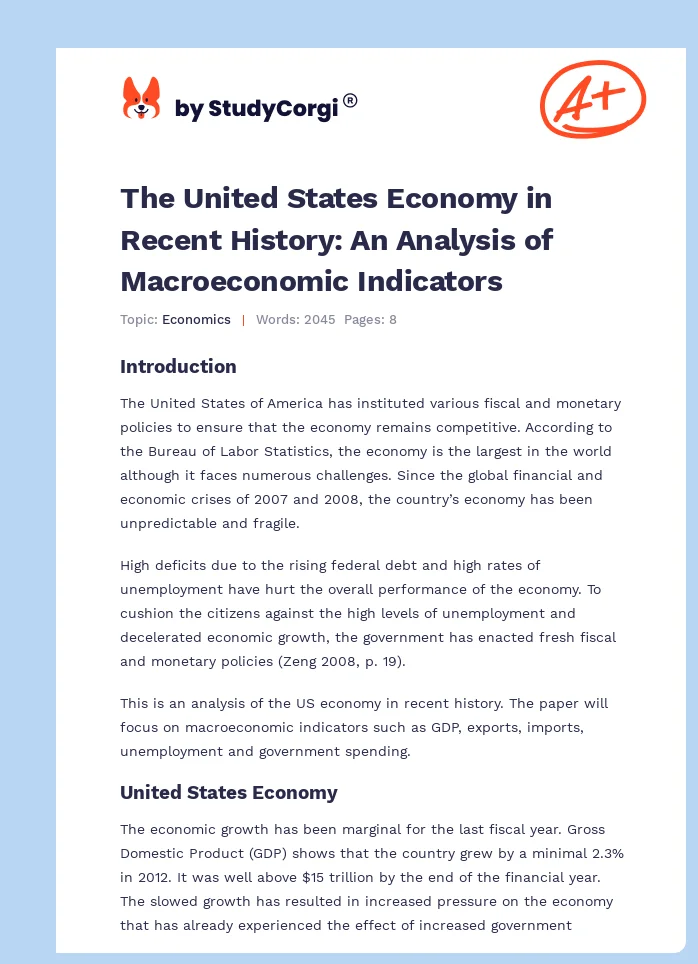 The United States Economy in Recent History: An Analysis of Macroeconomic Indicators. Page 1