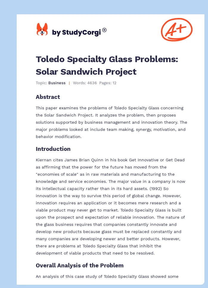 Toledo Specialty Glass Problems: Solar Sandwich Project. Page 1