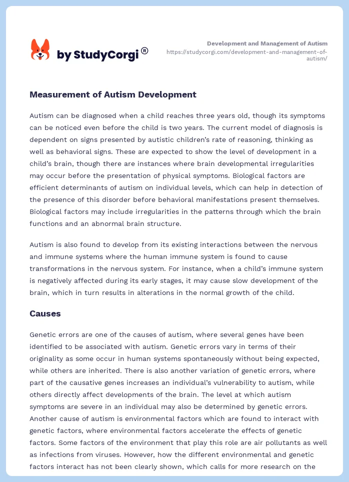 Development and Management of Autism. Page 2