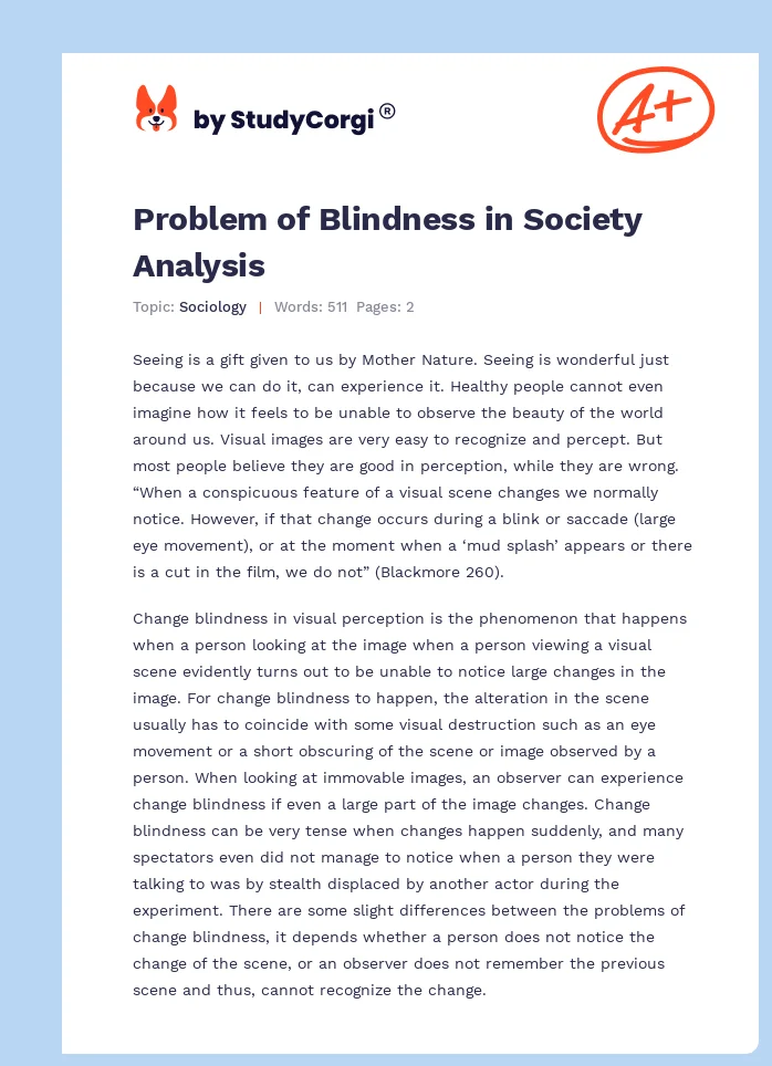 Problem of Blindness in Society Analysis. Page 1
