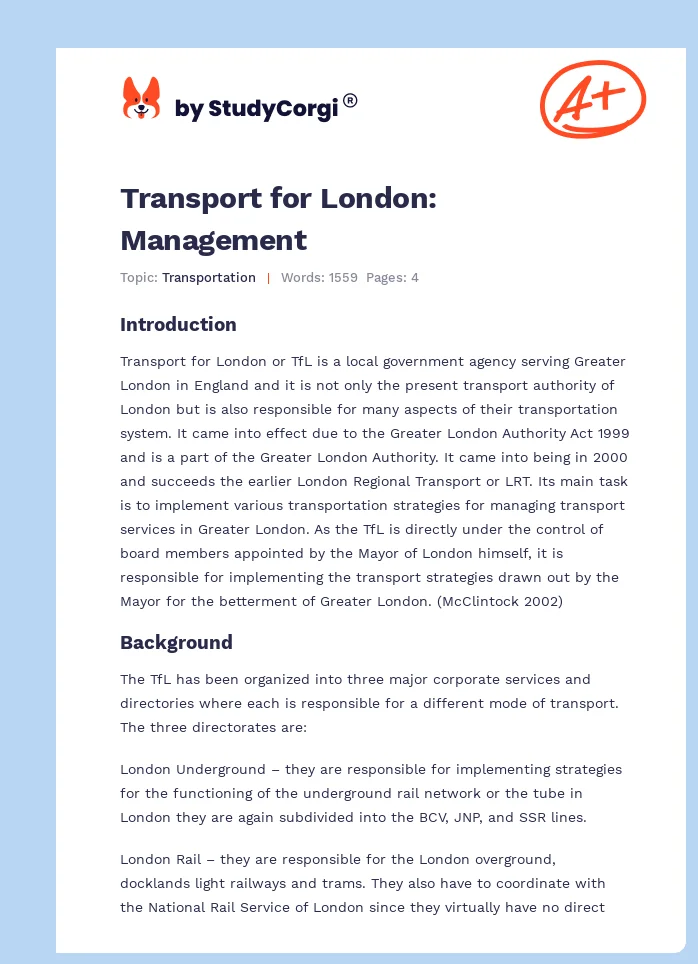 Transport for London: Management. Page 1
