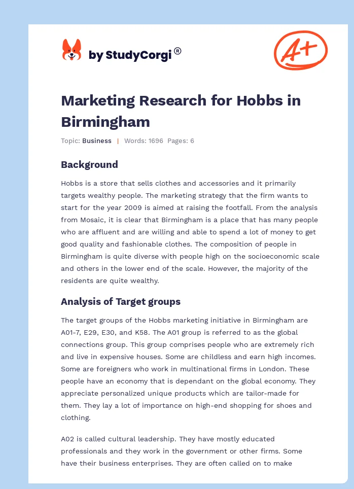 Marketing Research for Hobbs in Birmingham. Page 1