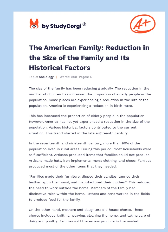 The American Family: Reduction in the Size of the Family and Its Historical Factors. Page 1