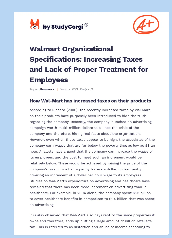 Walmart Organizational Specifications: Increasing Taxes and Lack of Proper Treatment for Employees. Page 1