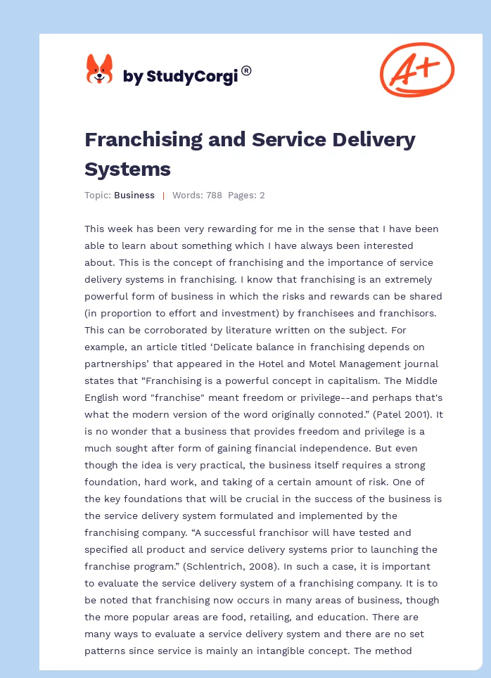 Franchising and Service Delivery Systems. Page 1