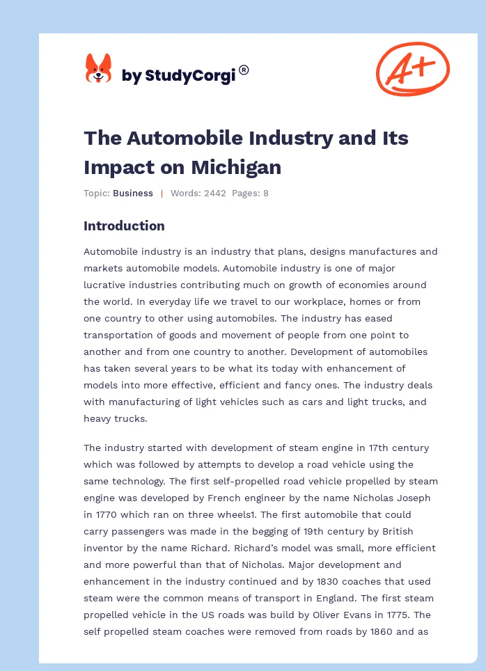 The Automobile Industry and Its Impact on Michigan. Page 1