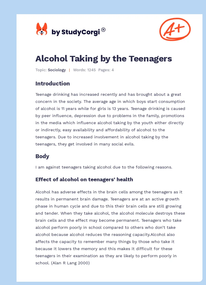 Alcohol Taking by the Teenagers. Page 1