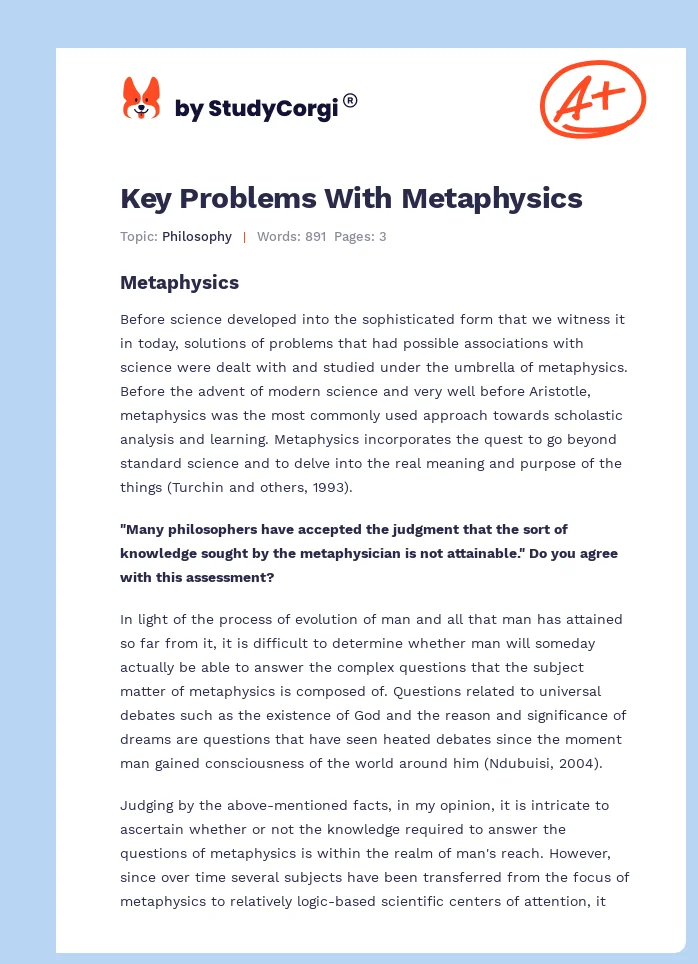 Key Problems With Metaphysics. Page 1