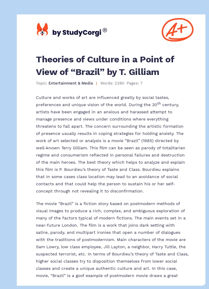 Theories of Culture in a Point of View of “Brazil” by T. Gilliam. Page 1