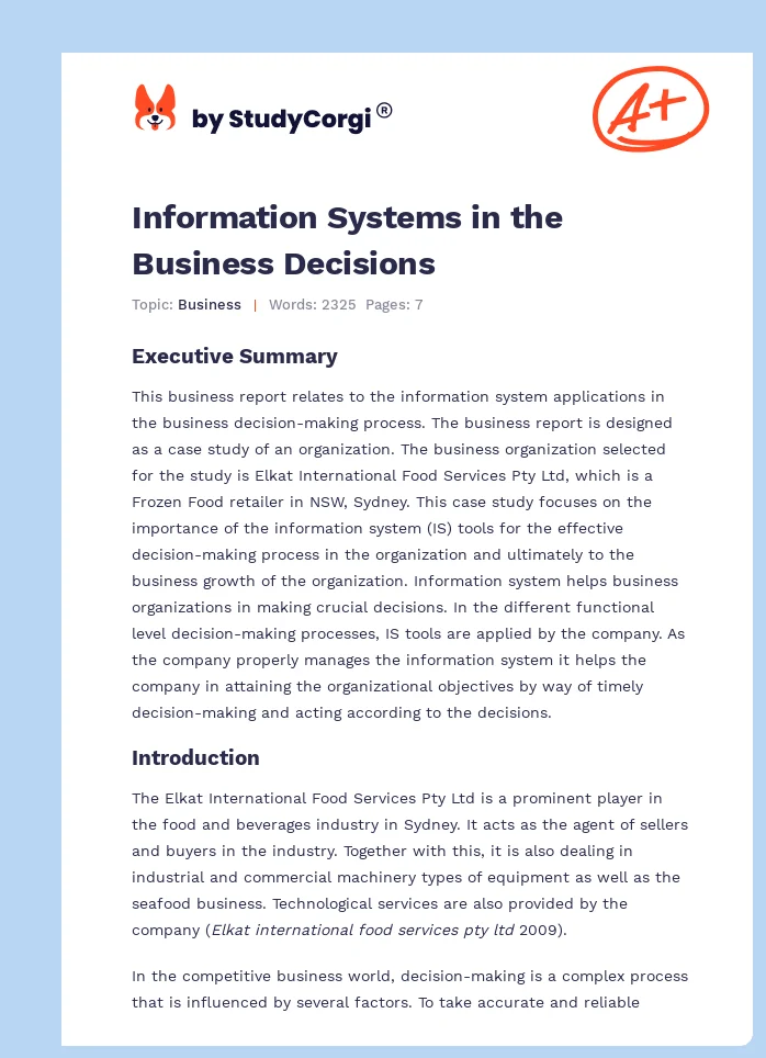 Information Systems in the Business Decisions. Page 1