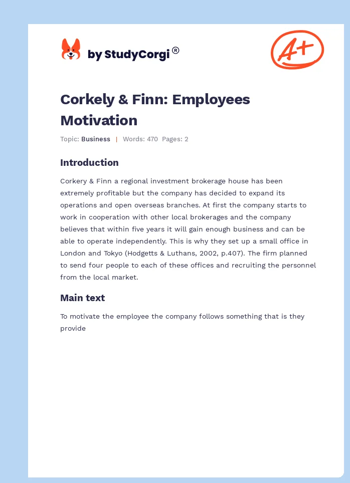 Corkely & Finn: Employees Motivation. Page 1