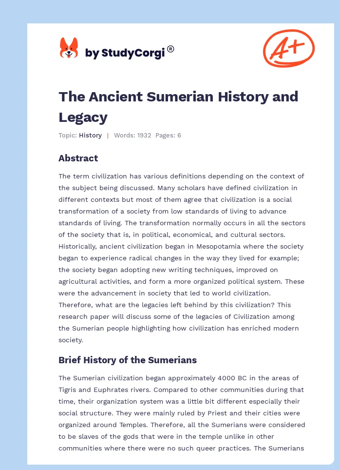 The Ancient Sumerian History and Legacy. Page 1