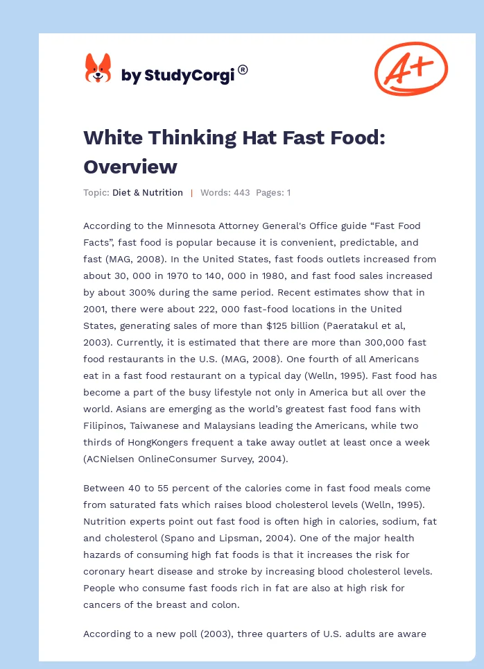 White Thinking Hat Fast Food: Overview. Page 1