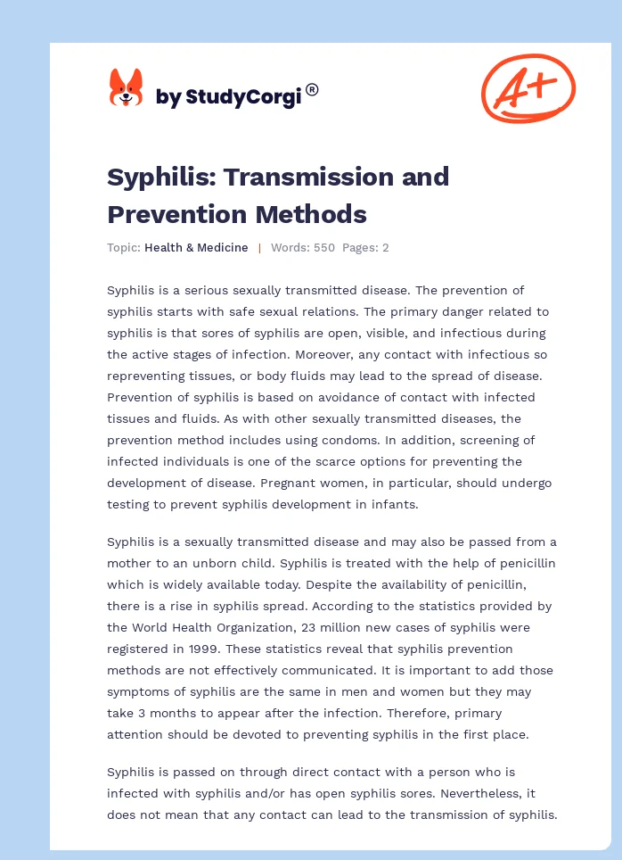 Syphilis: Transmission and Prevention Methods. Page 1