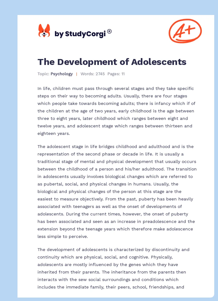 The Development of Adolescents. Page 1