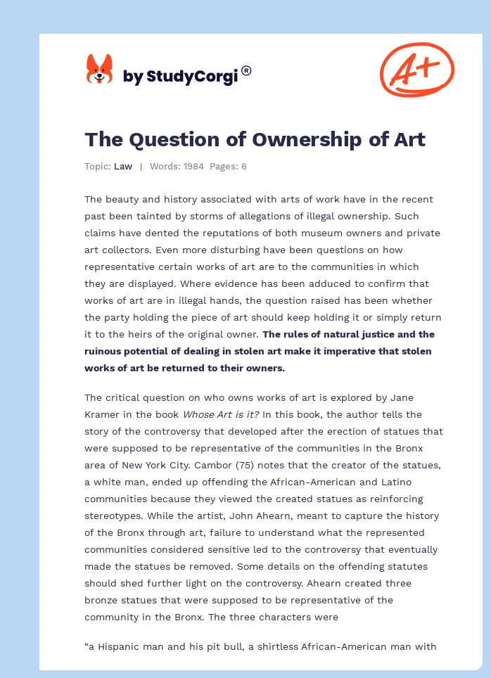 The Question of Ownership of Art. Page 1