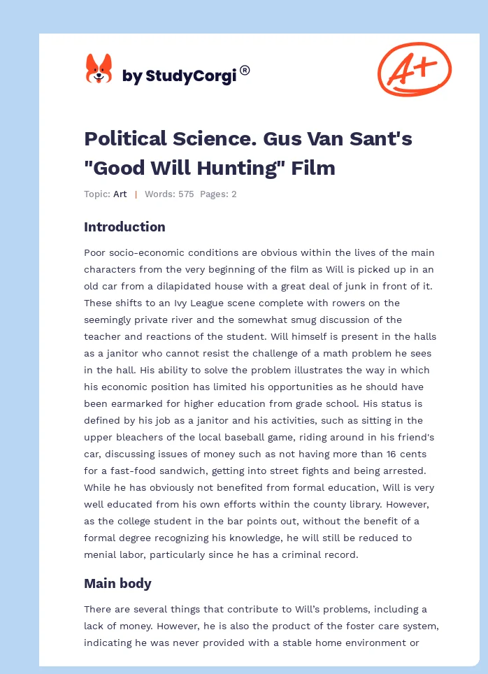 Political Science. Gus Van Sant's "Good Will Hunting" Film. Page 1