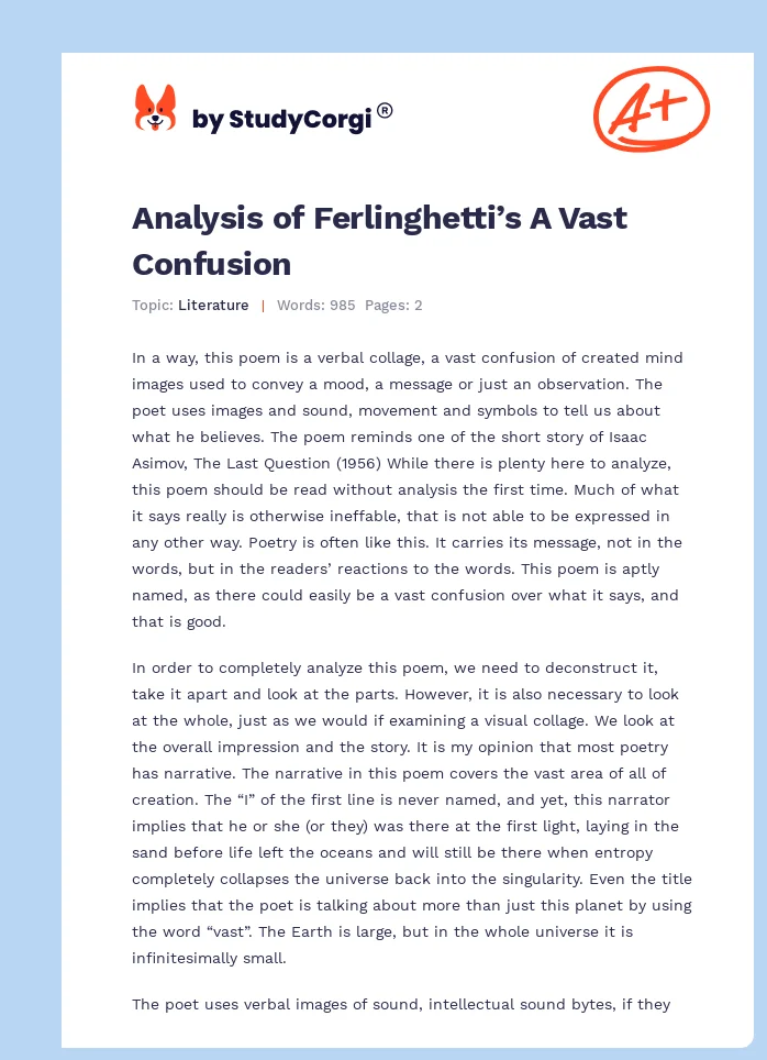 Analysis of Ferlinghetti’s A Vast Confusion. Page 1