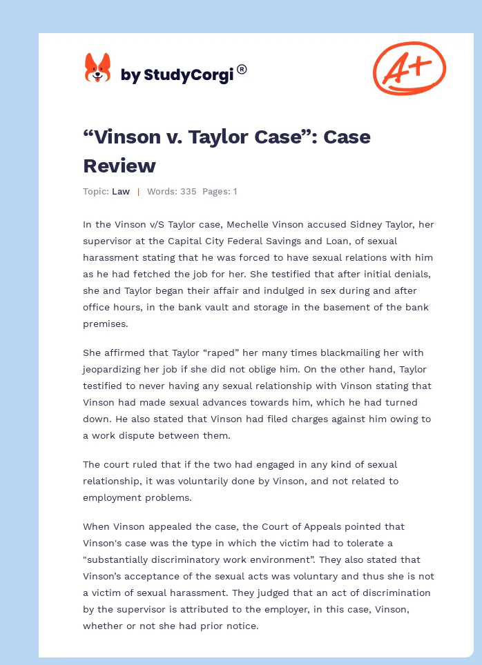 “Vinson v. Taylor Case”: Case Review. Page 1