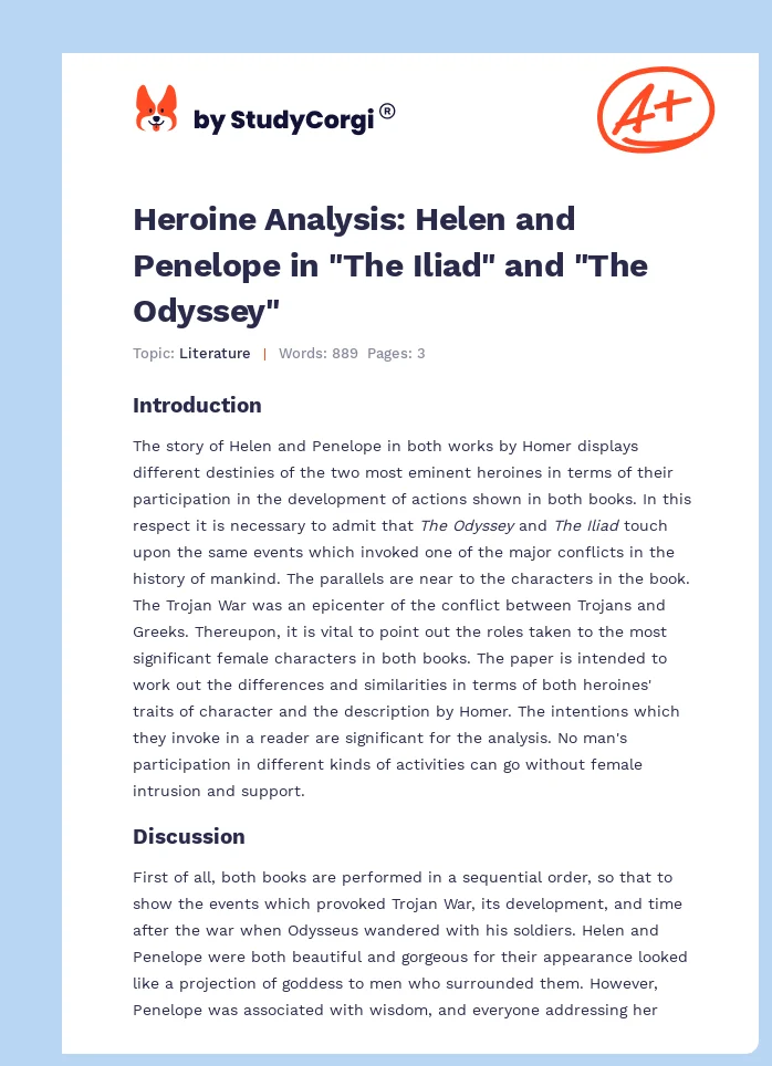 Heroine Analysis: Helen and Penelope in "The Iliad" and "The Odyssey". Page 1