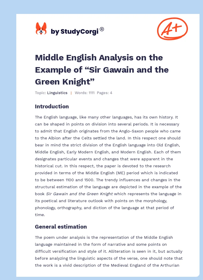 Middle English Analysis on the Example of “Sir Gawain and the Green Knight”. Page 1