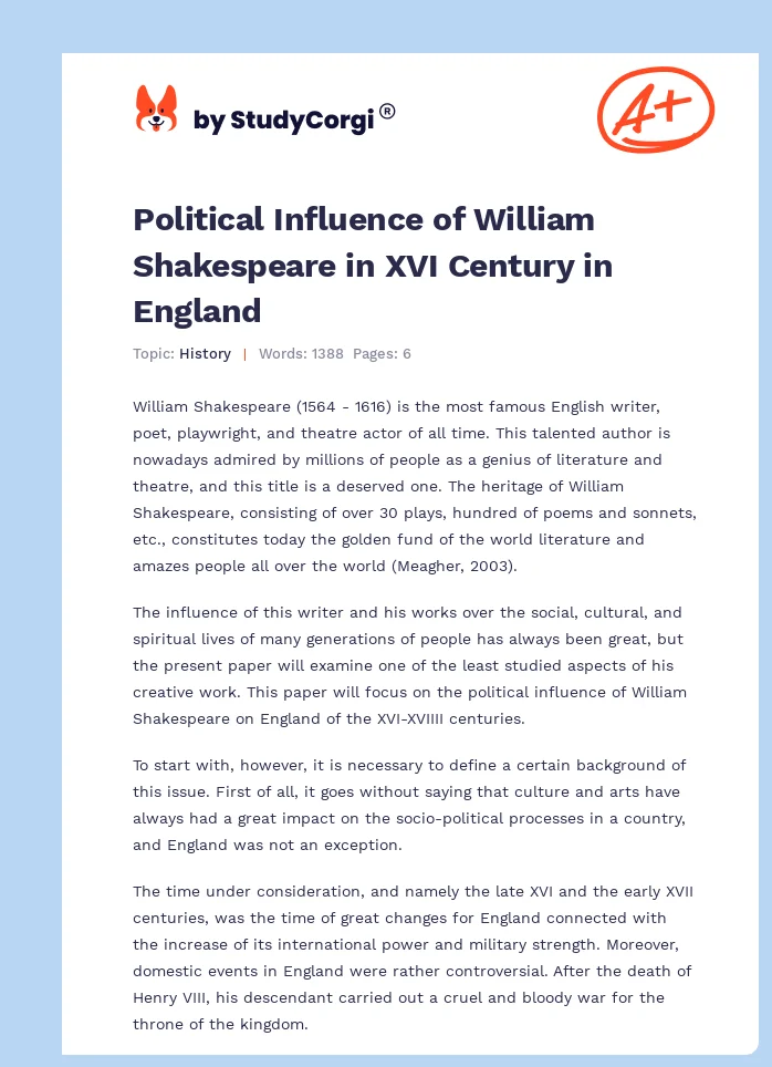 Political Influence of William Shakespeare in XVI Century in England. Page 1