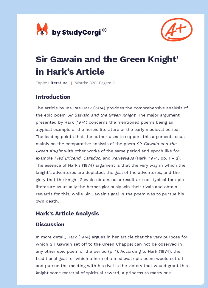Sir Gawain and the Green Knight' in Hark’s Article. Page 1