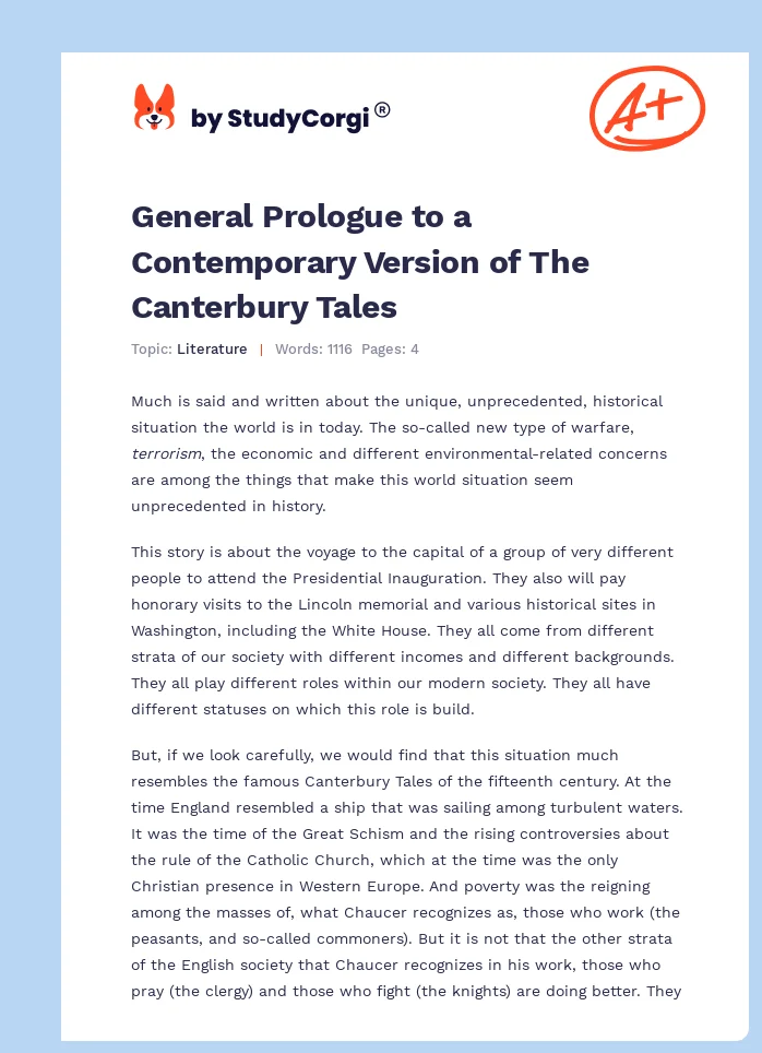 General Prologue to a Contemporary Version of The Canterbury Tales. Page 1
