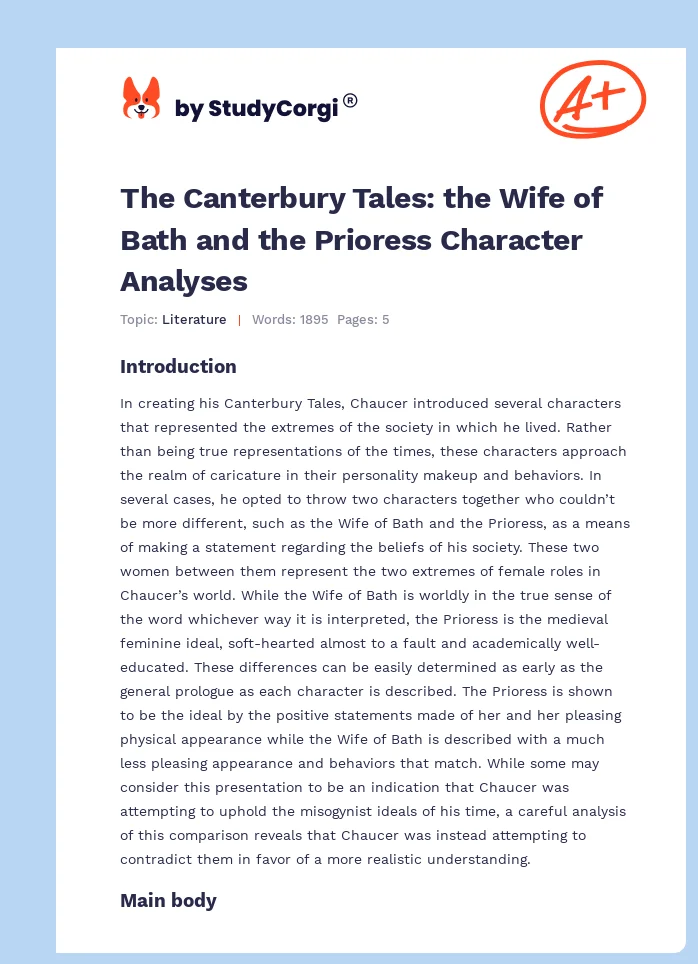 The Canterbury Tales: the Wife of Bath and the Prioress Character Analyses. Page 1