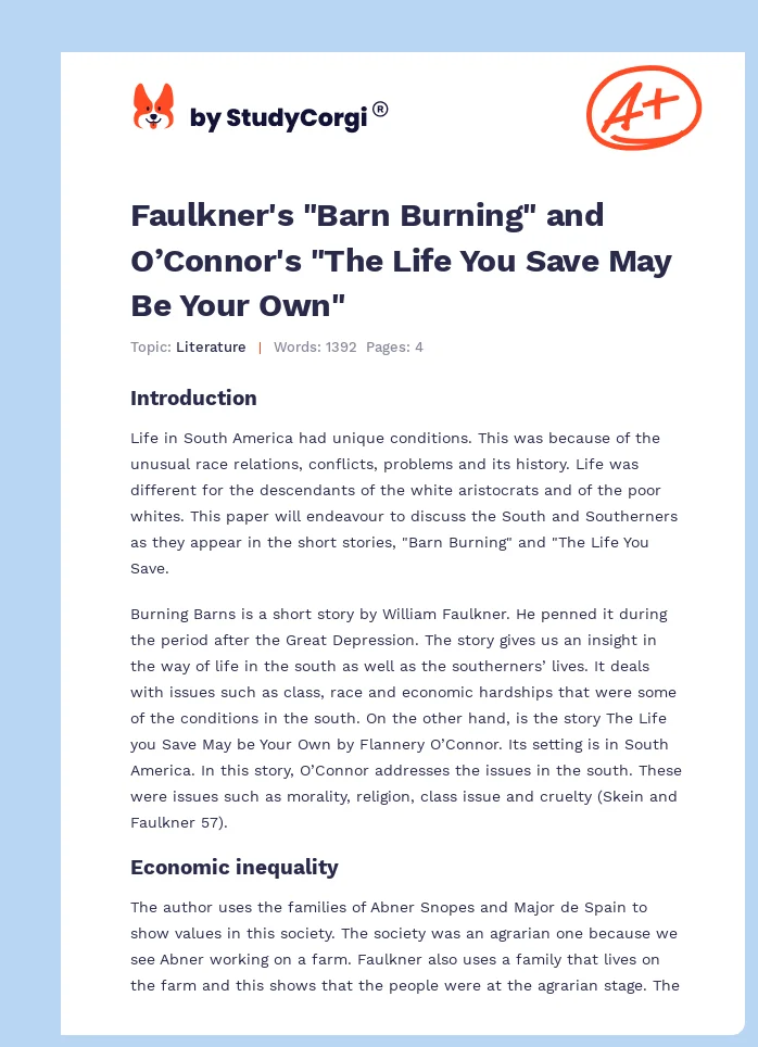 Faulkner's "Barn Burning" and O’Connor's "The Life You Save May Be Your Own". Page 1