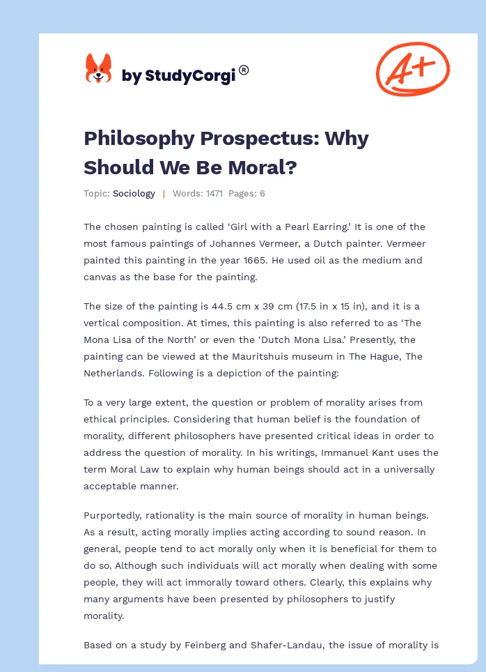 Philosophy Prospectus: Why Should We Be Moral?. Page 1