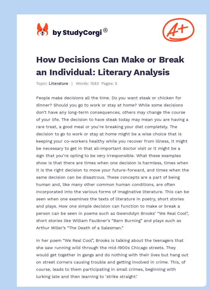 How Decisions Can Make or Break an Individual: Literary Analysis. Page 1
