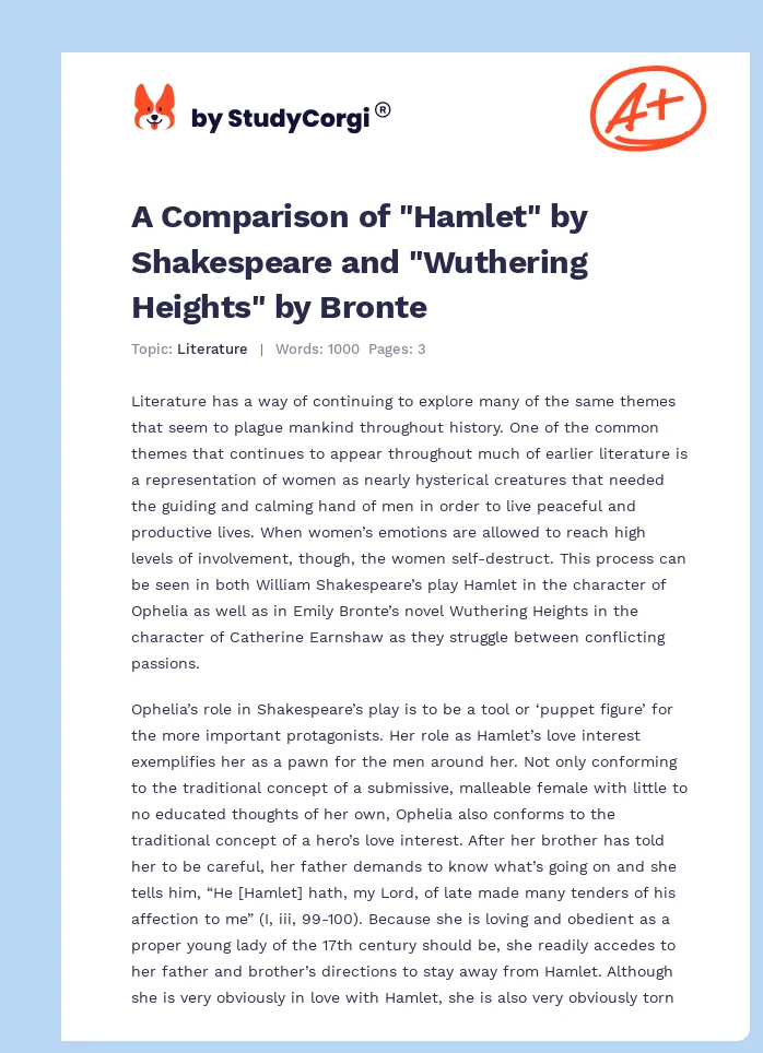 A Comparison of "Hamlet" by Shakespeare and "Wuthering Heights" by Bronte. Page 1
