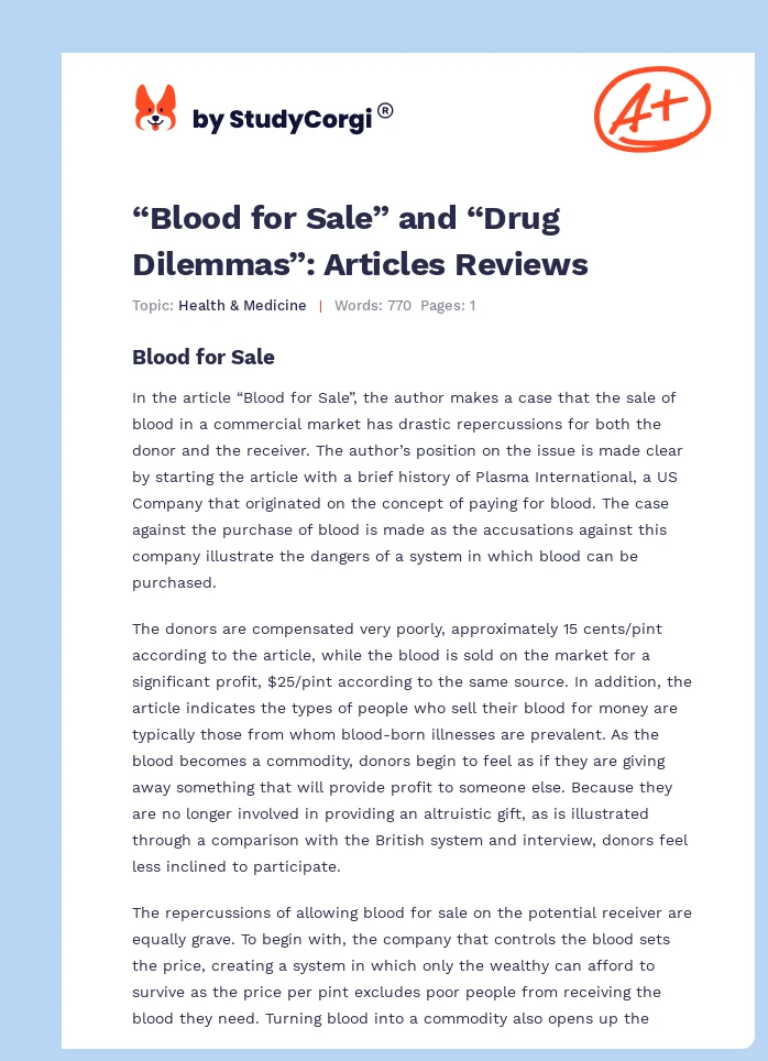 “Blood for Sale” and “Drug Dilemmas”: Articles Reviews. Page 1