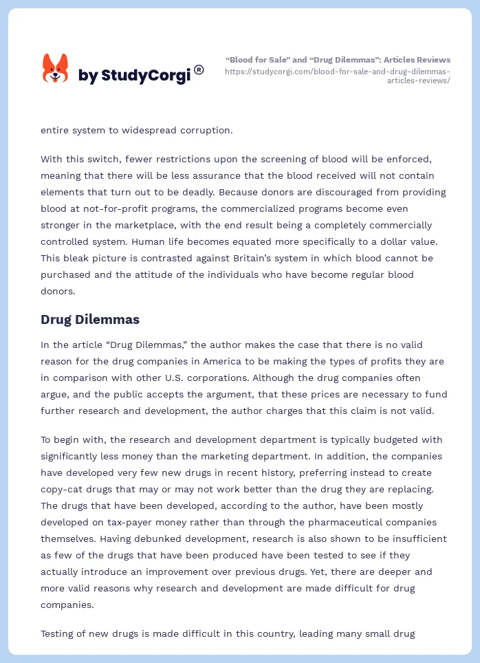 “Blood for Sale” and “Drug Dilemmas”: Articles Reviews. Page 2