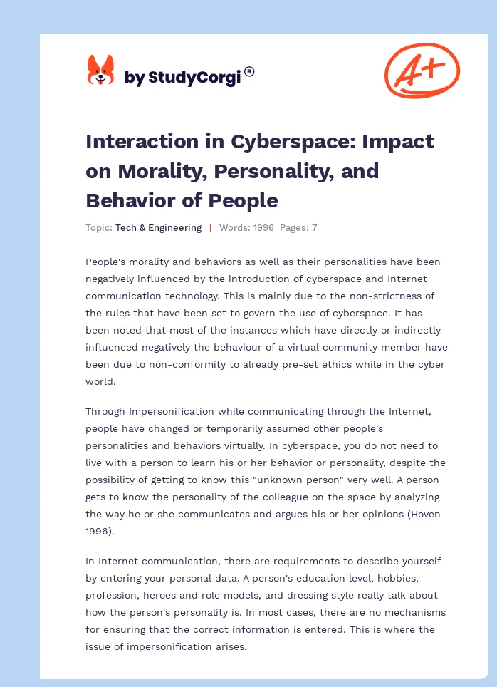 Interaction in Cyberspace: Impact on Morality, Personality, and Behavior of People. Page 1