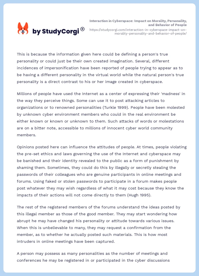 Interaction in Cyberspace: Impact on Morality, Personality, and Behavior of People. Page 2