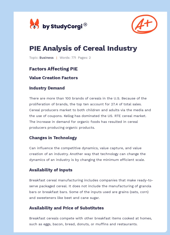 PIE Analysis of Cereal Industry. Page 1