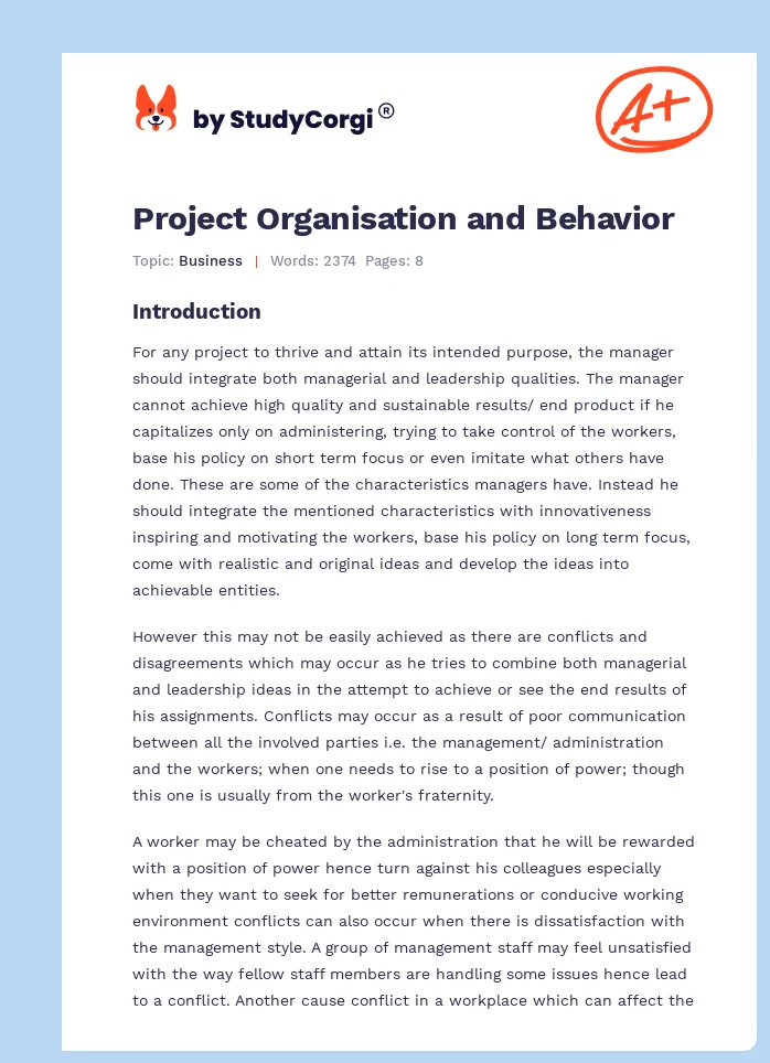 Project Organisation and Behavior. Page 1
