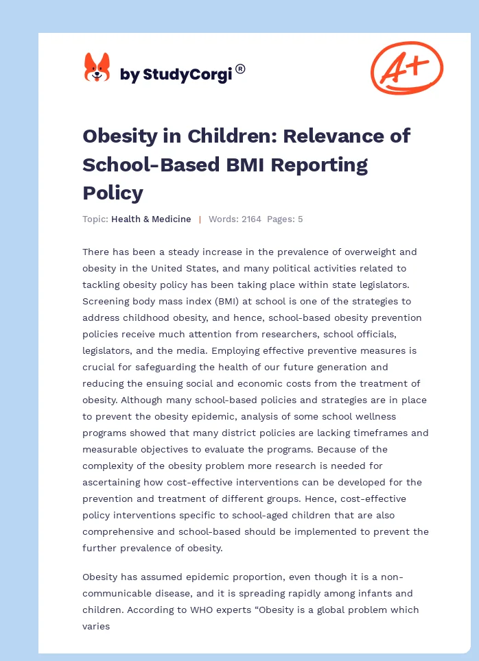 Obesity in Children: Relevance of School-Based BMI Reporting Policy. Page 1