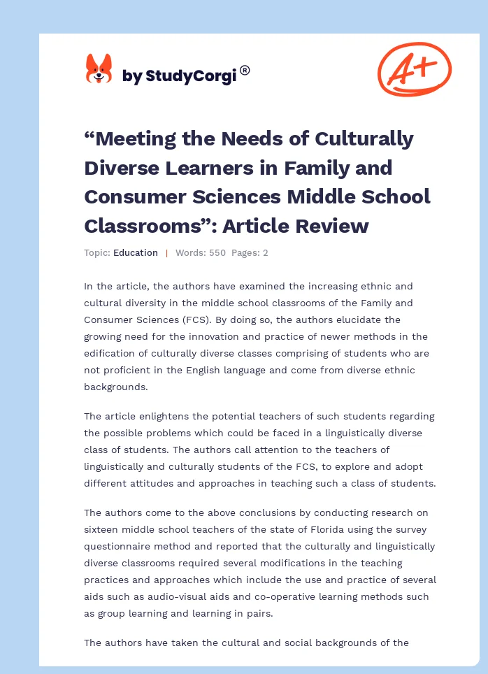 “Meeting the Needs of Culturally Diverse Learners in Family and Consumer Sciences Middle School Classrooms”: Article Review. Page 1