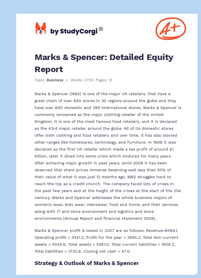 Marks & Spencer: Detailed Equity Report. Page 1